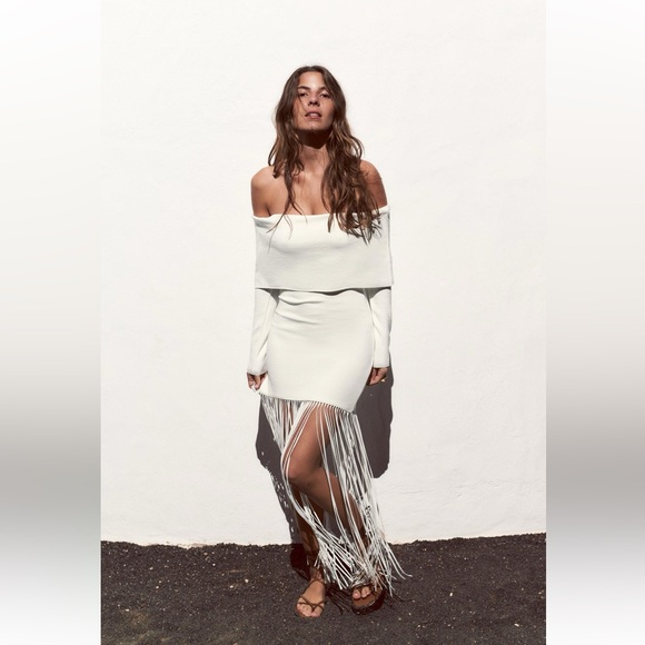 Zara Dresses & Skirts - Zara Off-Shoulder Cream Fringe Long-Sleeve Dress